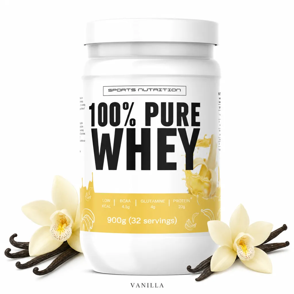 Sports Nutrition 100% Pure Whey 900g vanilla protein powder, high in BCAAs and glutamine, low in calories, ideal for muscle recovery and growth.