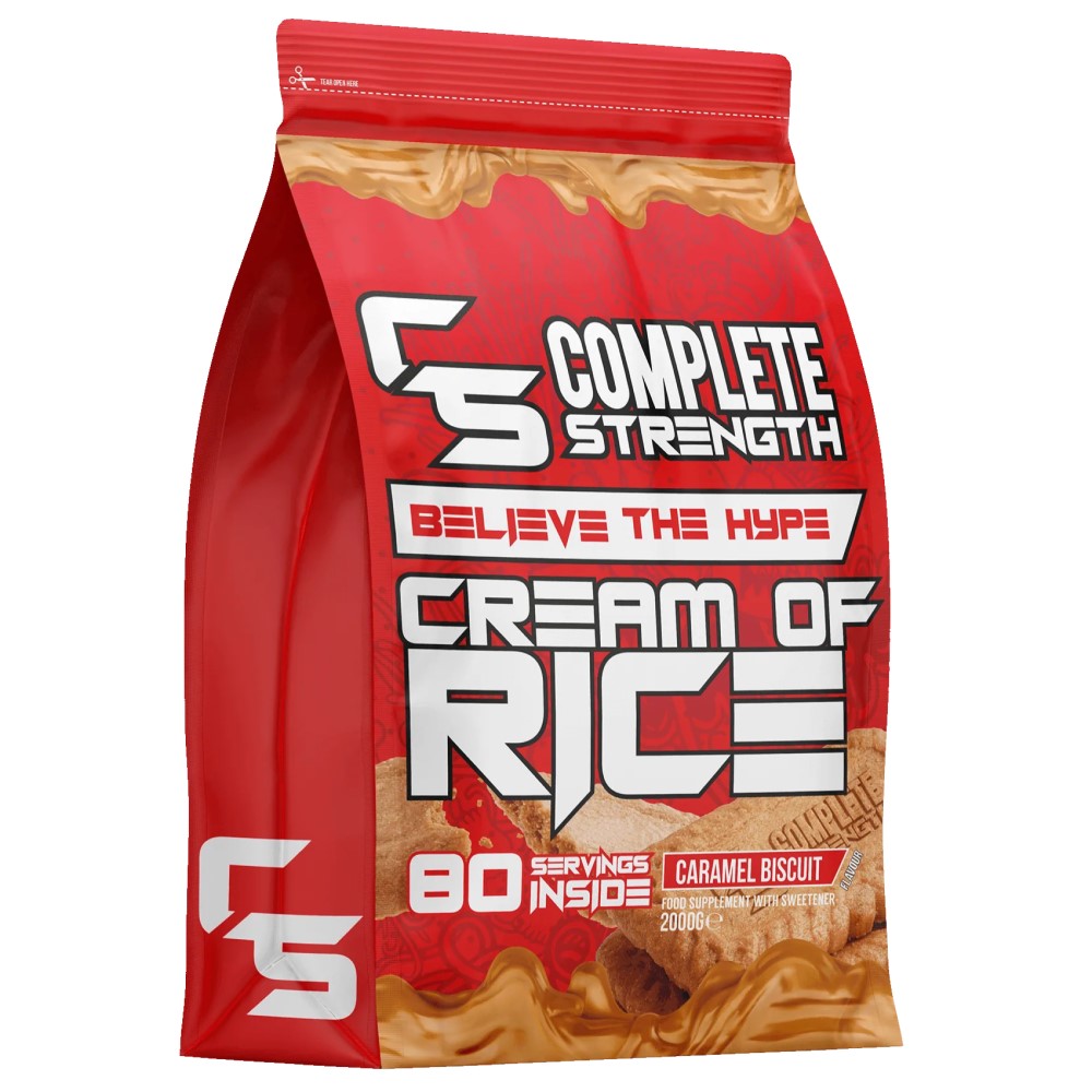 Complete Strength Cream of Rice caramel biscuit flavour, 80 servings, 2000g food supplement with sweetener in a red pouch.