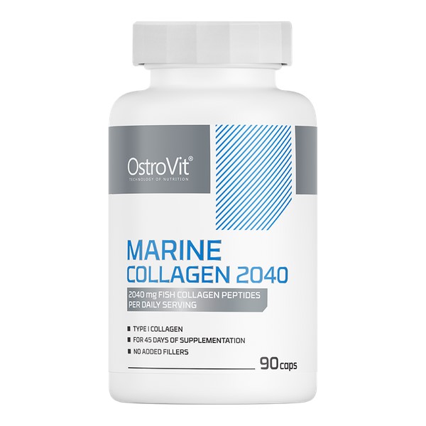 OstroVit Marine Collagen 2040, a dietary supplement with 2040 mg fish collagen peptides per daily serving, 90 capsules, white and blue bottle.