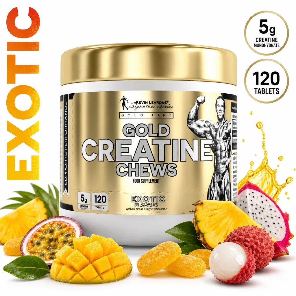 Kevin Levrone Gold Creatine Chews, exotic flavour, 120 chewable tablets with 5g creatine monohydrate in a gold tub