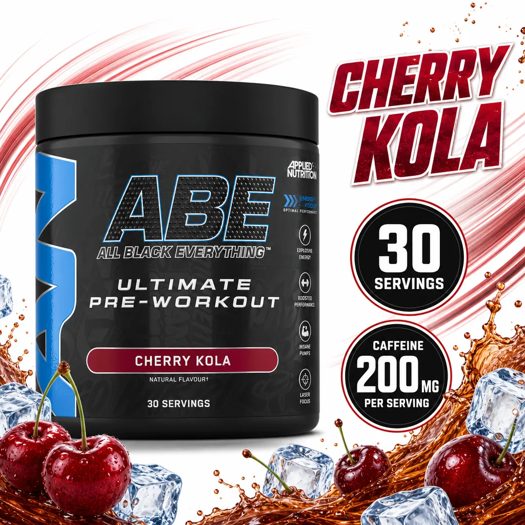 Applied Nutrition ABE Ultimate Pre-Workout cherry kola flavour, 30-serving powder with 200 mg caffeine per serving in a black tub