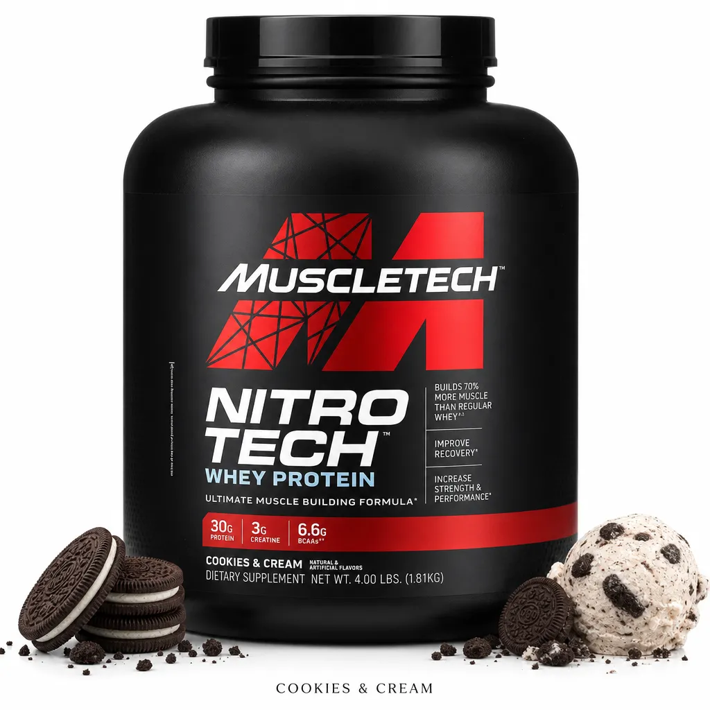 MuscleTech Nitro-Tech 40 Servings whey protein supplement, cookies & cream flavor, 4 lb container with 30g protein and 3g creatine per serving.