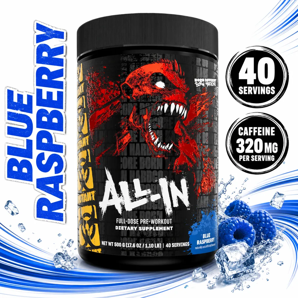 Mutant ALL IN Pre-Workout dietary supplement, Blue Raspberry flavour, 500 g tub with 40 servings and 320 mg caffeine per serving