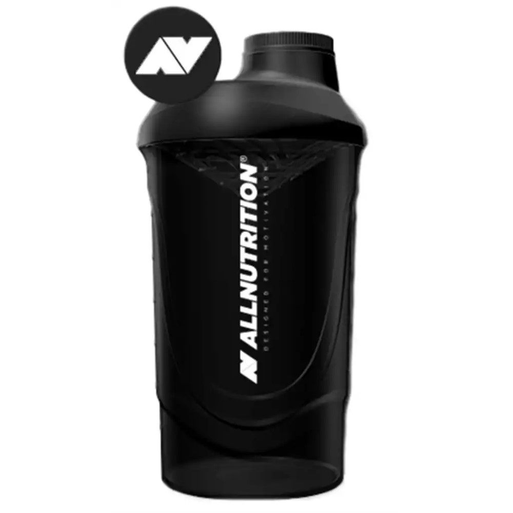 Allnutrition Shaker 600ml black protein shaker bottle with white logo, designed for mixing supplements, featuring a sleek black design and secure screw lid.