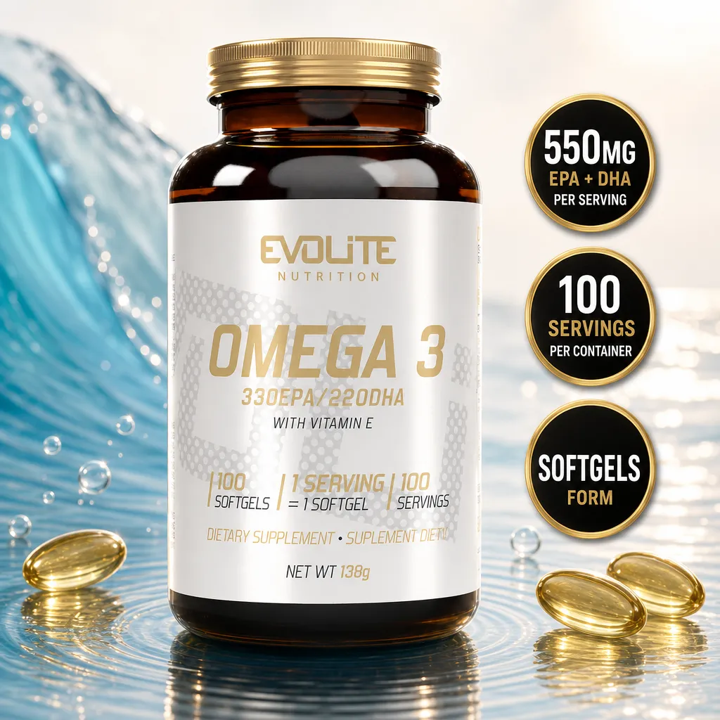 Evolite Omega 3 330EPA/220DHA dietary supplement with vitamin E, 100 fish oil softgels in an amber bottle
