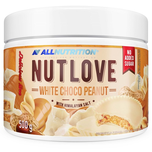 Allnutrition Nutlove White Choco Peanut 500g nut butter with Himalayan salt, no added sugar, in a white tub with images of peanuts and white chocolate.