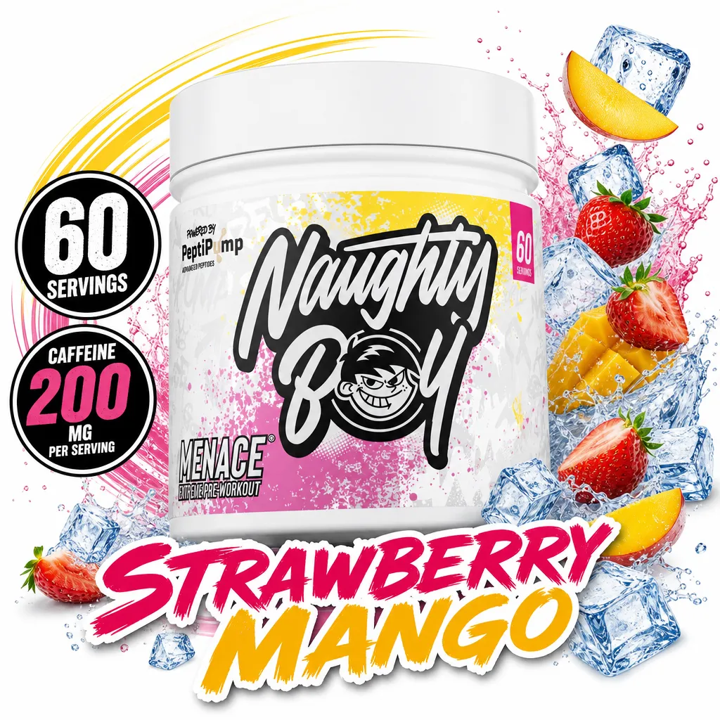 Naughty Boy Menace V2 pre-workout powder in Strawberry Mango flavour, 60 servings, with 200 mg caffeine per serving.