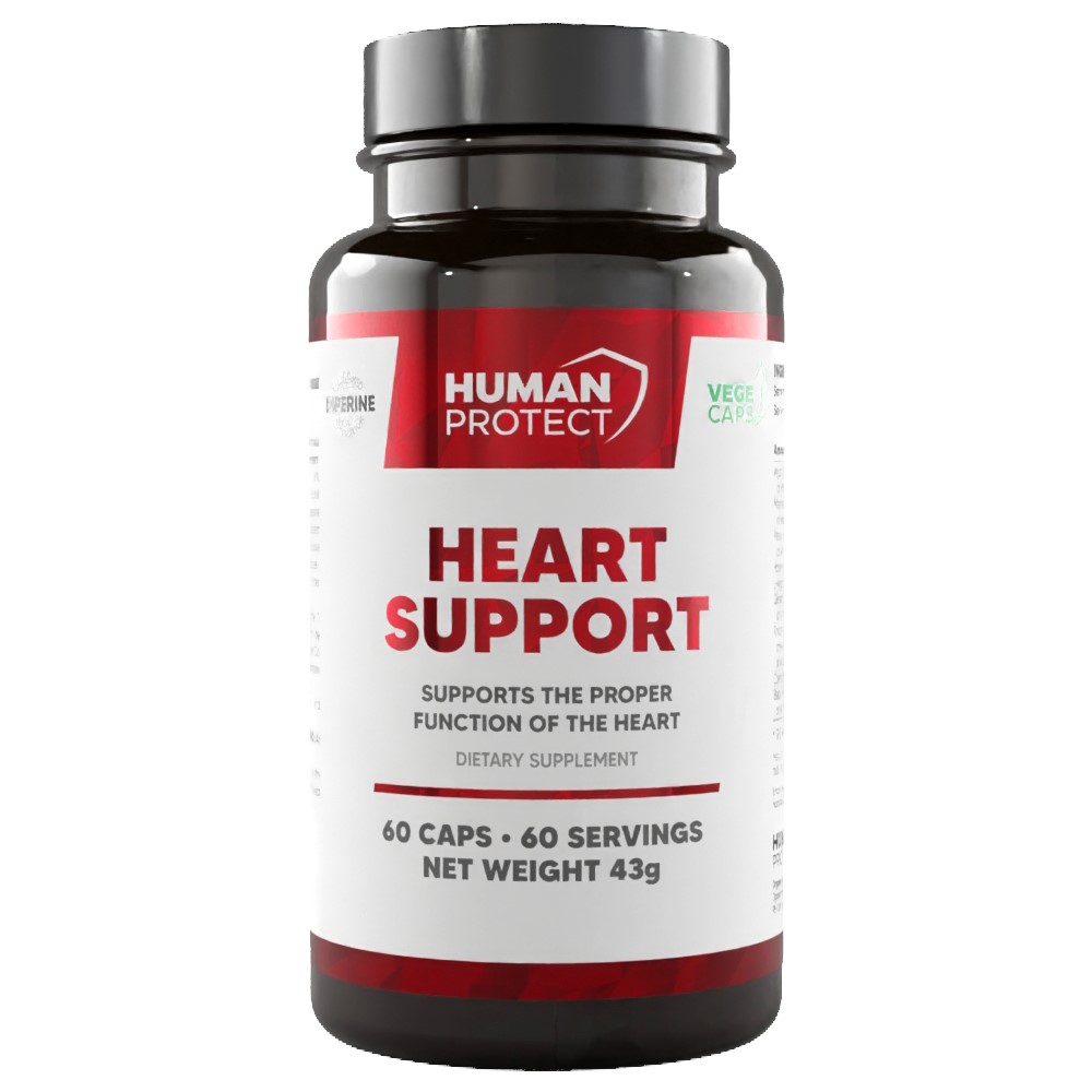 Human Protect Heart Support 60 Caps, open bottle with plant-based capsules visible beside the container.