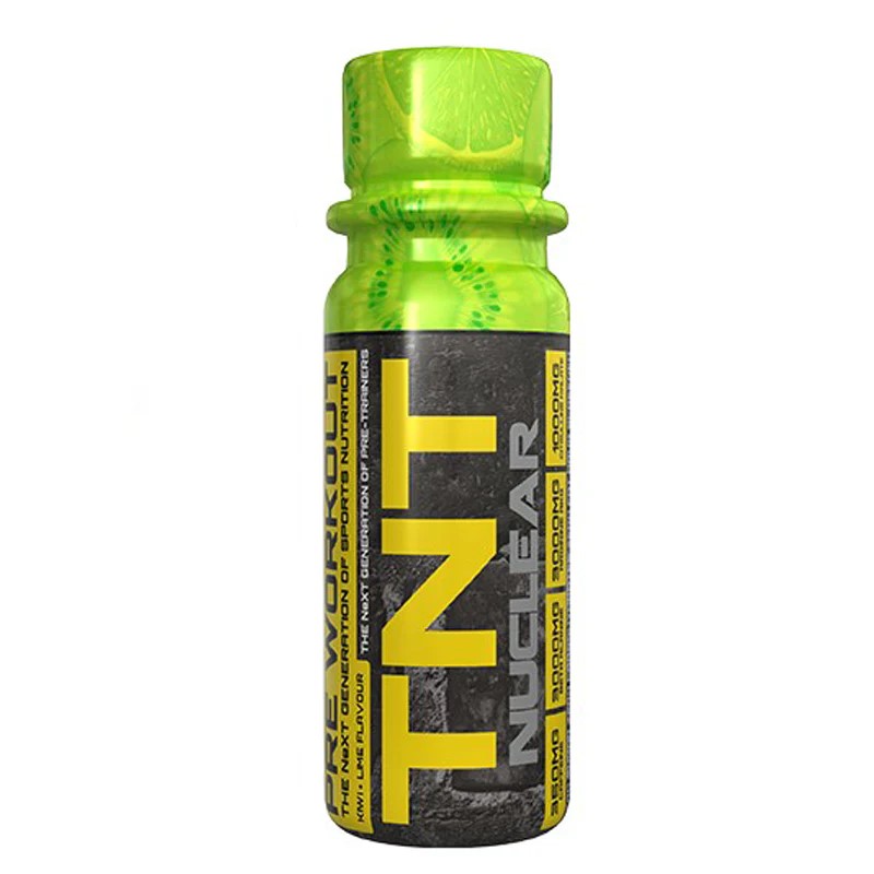 NXT Nutrition TNT Nuclear pre-workout shot in kiwi lime flavour, featuring a green bottle with bold yellow and black label, typically used as a pre-workout supplement.