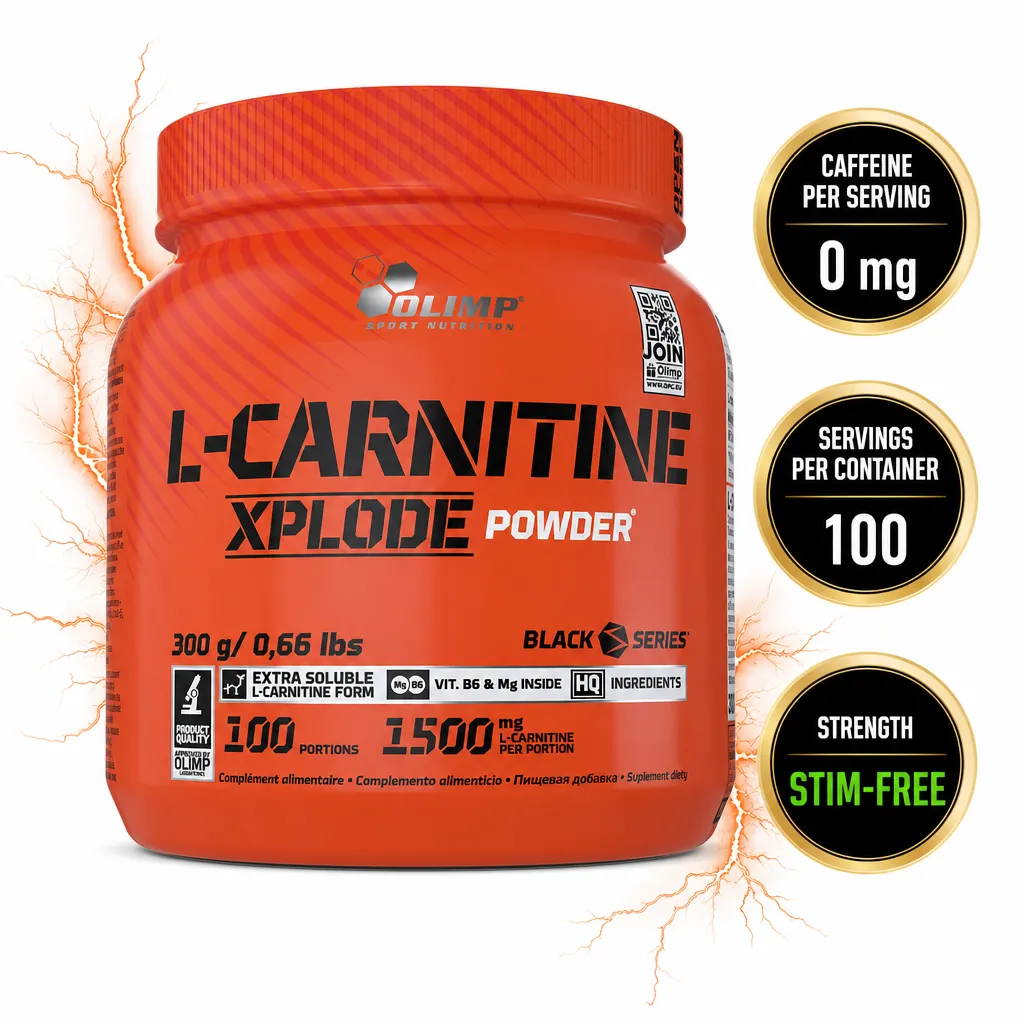 Olimp L-Carnitine Xplode Powder 300g orange supplement tub with 100 servings, 1500mg L-carnitine per serving and stim-free formula