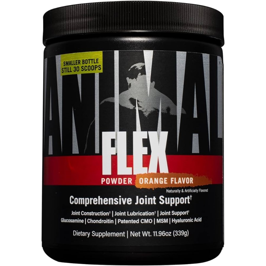 Animal Flex Powder Orange Flavor by Universal Nutrition, a comprehensive joint support dietary supplement with glucosamine, chondroitin, MSM, and hyaluronic acid, 339g black container.