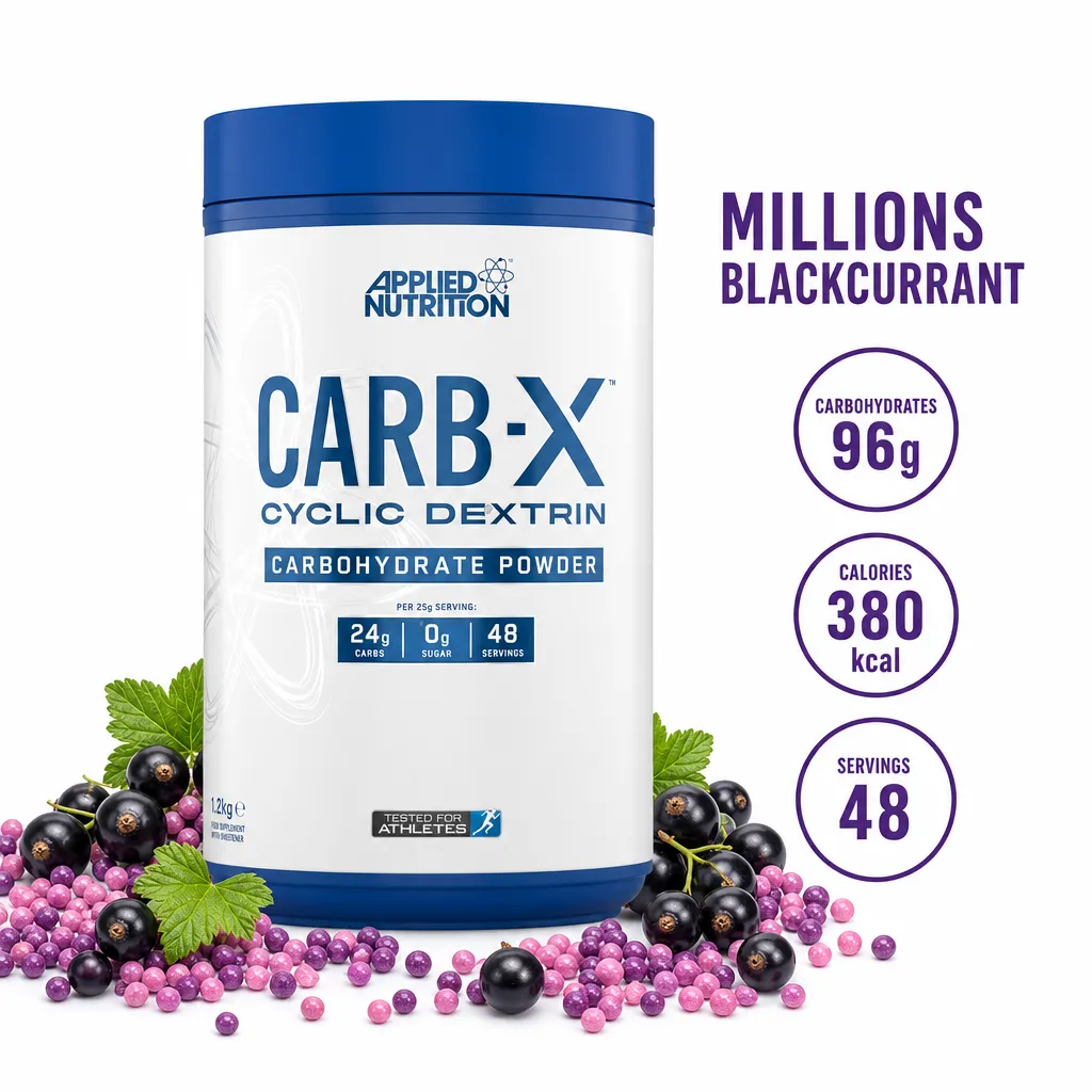 Applied Nutrition Carb X 1200g carbohydrate powder, Millions Blackcurrant flavour, featuring highly branched cyclic dextrin, 48 servings, vegan and gluten-free.