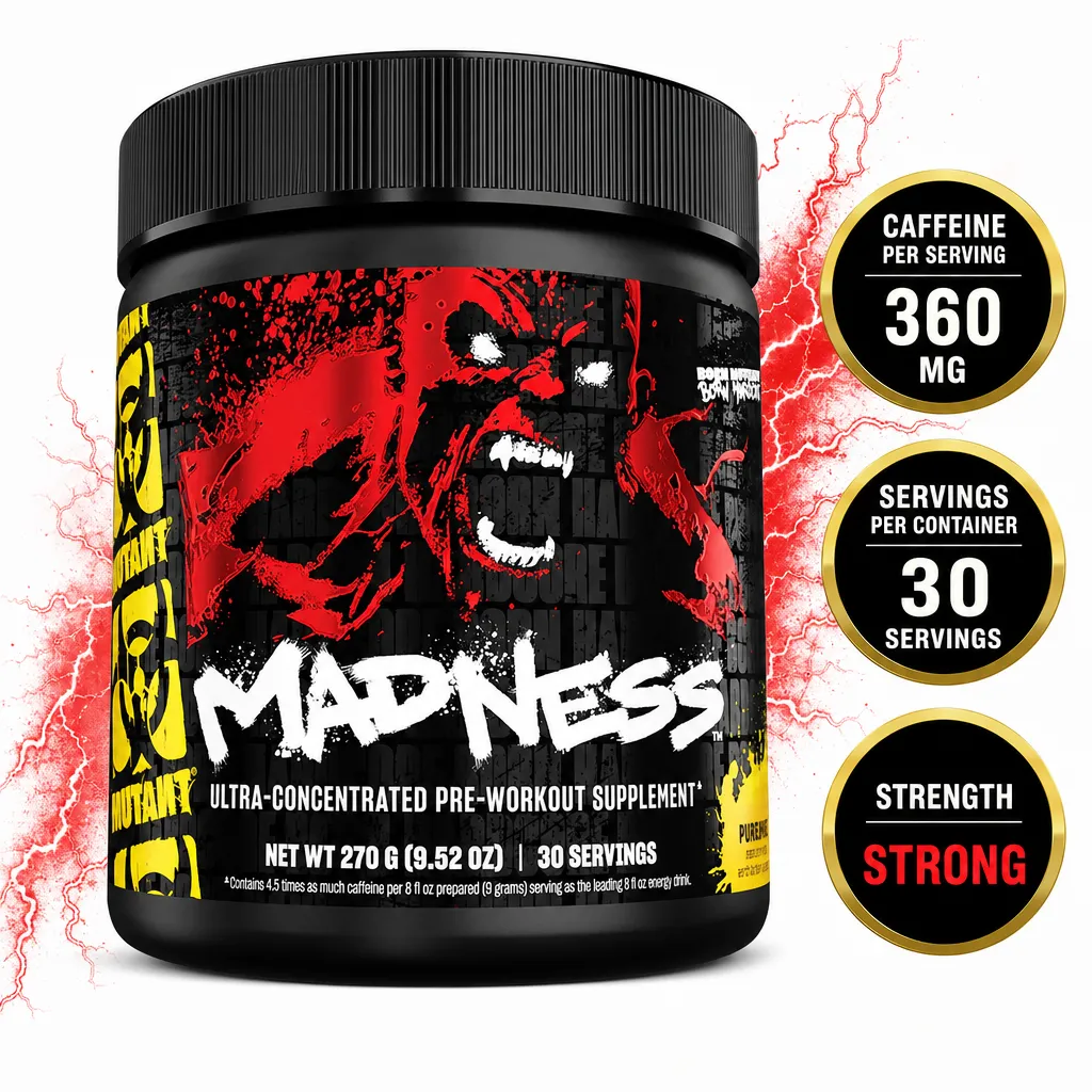 Mutant Madness 30 Servings pre-workout supplement in a black and red 270 g tub with 30 servings