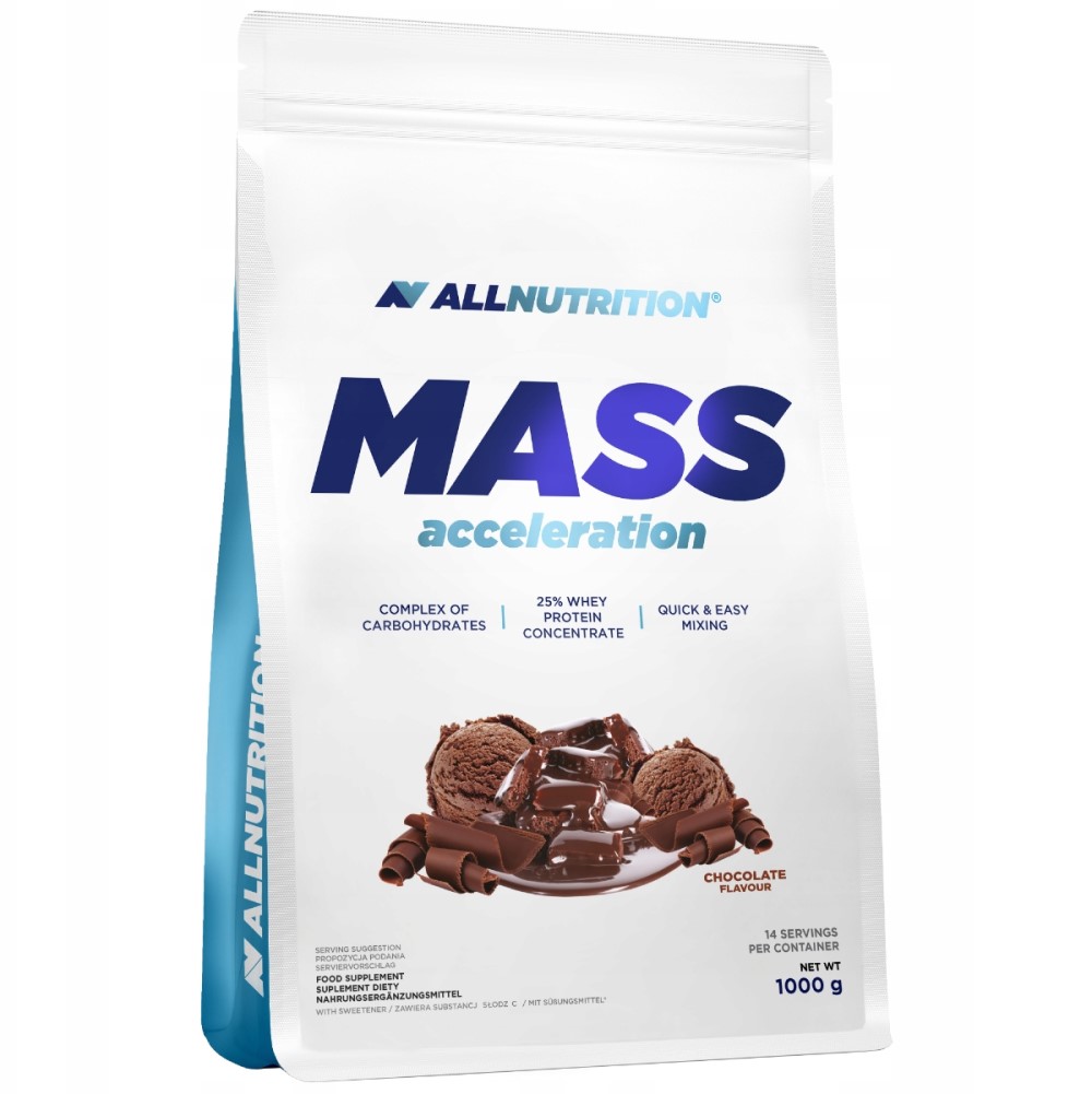 Allnutrition Mass Acceleration chocolate flavour mass gainer supplement, 1000g pouch, featuring 25% whey protein concentrate and a complex of carbohydrates.