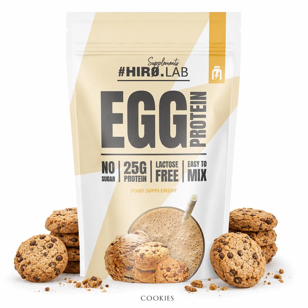 Hiro Lab Egg Protein 750g cookies flavor protein powder, lactose-free, high protein, low sugar, and easy to mix, shown with chocolate chip cookies on the packaging.