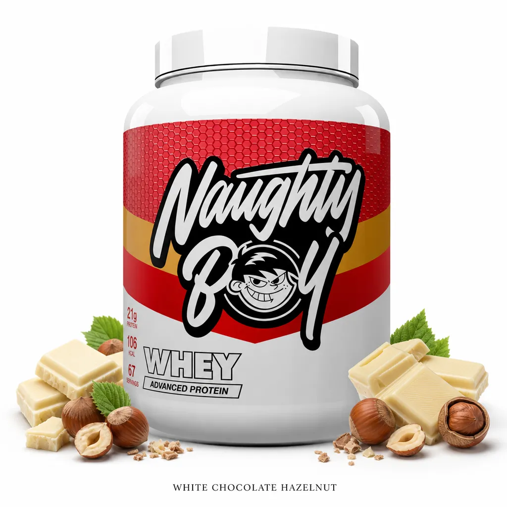 Naughty Boy Whey Protein 2010g white chocolate hazelnut flavour, high-protein supplement for muscle growth and recovery, low sugar and fat, 67 servings.