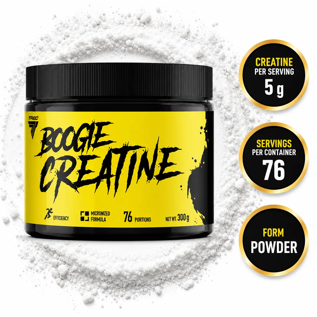 Trec Nutrition Boogie Creatine 300g micronised creatine monohydrate powder supplement in a black and yellow tub