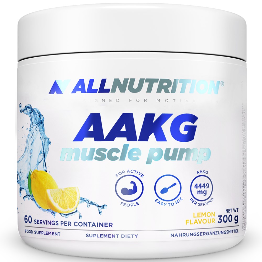 Allnutrition AAKG Muscle Pump 300g lemon flavour is a food supplement powder designed for active people, featuring 4449mg AAKG per serving and 60 servings per container. The packaging is predominantly white with blue and yellow accents.