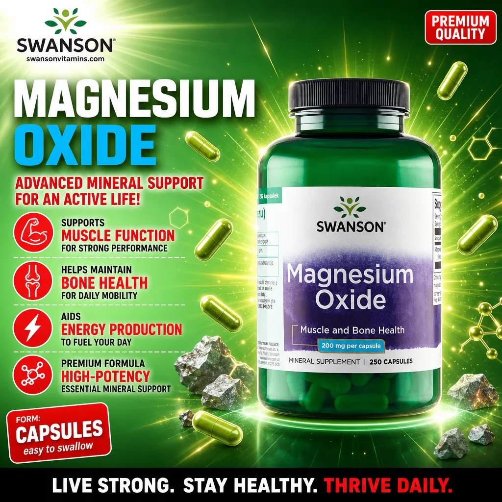 Swanson Magnesium Oxide 200mg per capsule, 250 capsules, a high-potency mineral supplement for muscle and bone health, shown in a green bottle with capsules and mineral imagery.