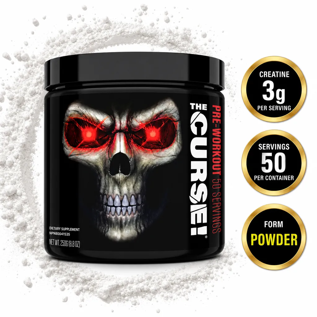 JNX Sports The Curse pre-workout powder, 50 servings, in a black tub with a red-eyed skull design