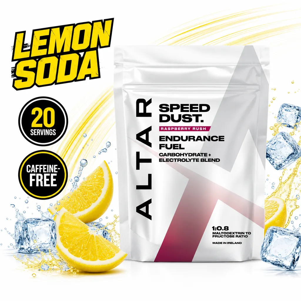 Altar Speed Dust 1000g endurance carbohydrate and electrolyte blend, Raspberry Rush flavour, in a white pouch with magenta accents
