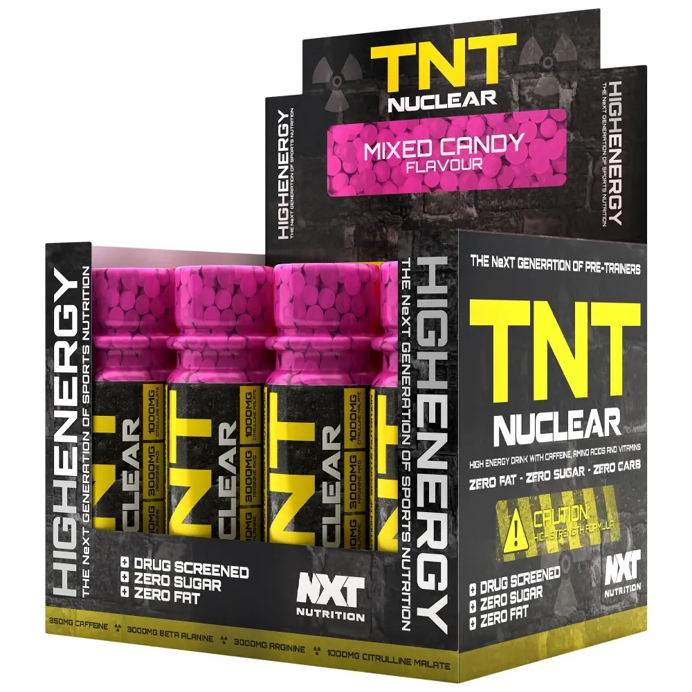 NXT Nutrition TNT Nuclear Shot Mixed Candy Flavour, a high-energy pre-workout drink with caffeine, amino acids, and vitamins, zero sugar, zero fat, and zero carbs, in a display box of 60ml shots with pink caps.