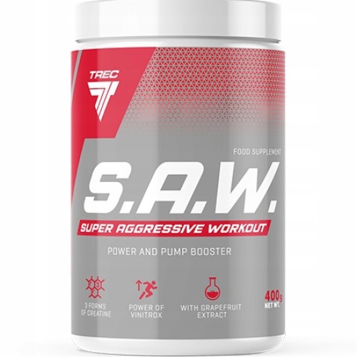 Trec Nutrition S.A.W. 400g pre-workout supplement with creatine, Vinitrox, and grapefruit extract, in a grey and red container.