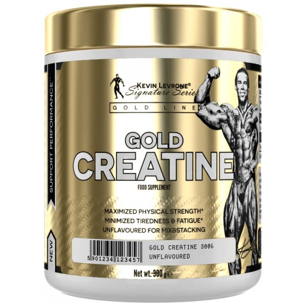 Kevin Levrone Gold Creatine 300g unflavoured creatine monohydrate supplement in a gold container, part of the Signature Series Gold Line.