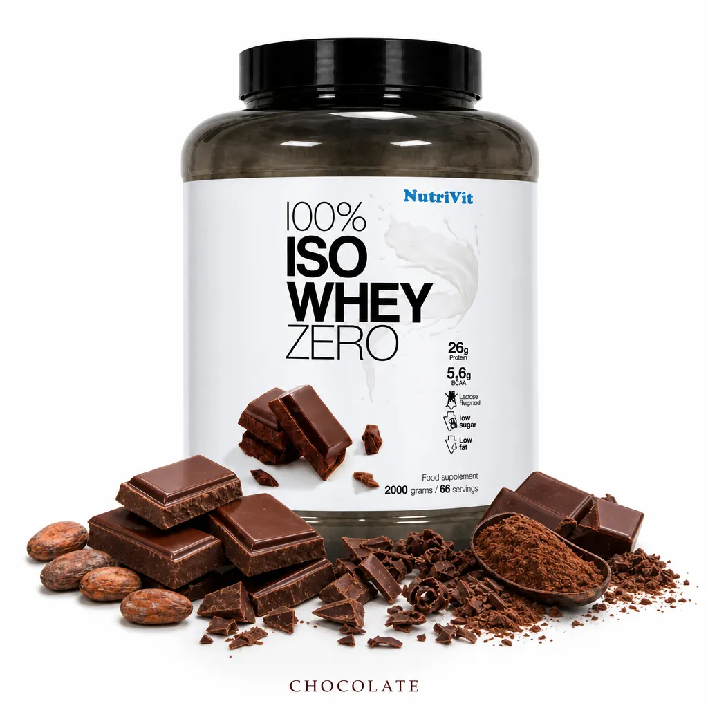 NutriVit 100% Iso Whey Zero 2000g chocolate whey protein isolate, featuring high protein content, low fat, low sugar, and chocolate flavor.