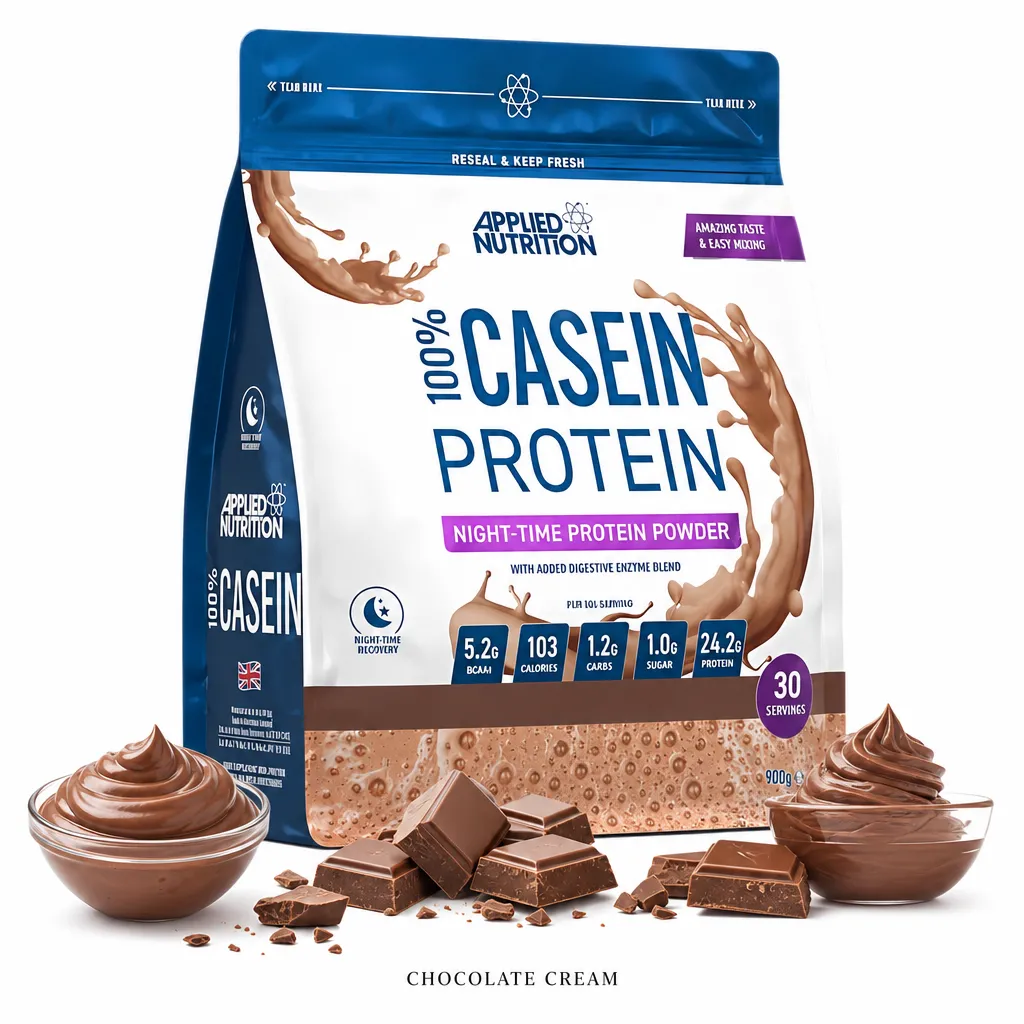 Applied Nutrition 100% Casein Protein 900g Chocolate Cream is a slow-release micellar casein protein powder with digestive enzymes, ideal for night-time recovery.
