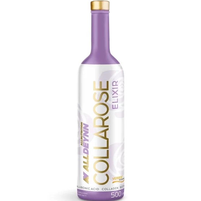 Allnutrition ALLDEYNN Collarose Elixir 500ml liquid supplement with hyaluronic acid, collagen, and biotin in a white and purple bottle.