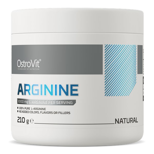 OstroVit Arginine 210g natural L-arginine supplement powder, unflavoured, with 3000 mg L-arginine per serving, in a white tub with blue accents.