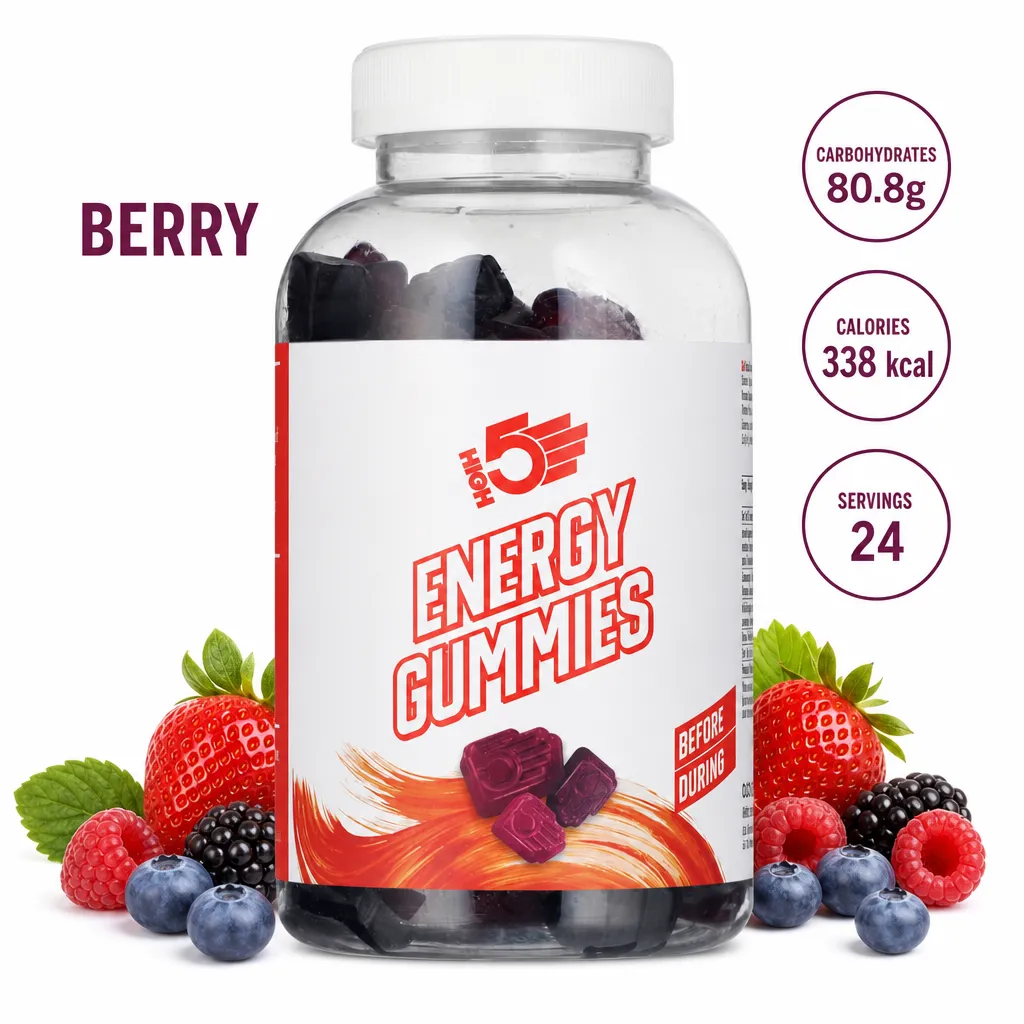 High5 Sports Nutrition Energy Gummies mixed berry flavour, 144 vegan-friendly gummies in a resealable jar, designed for rapid energy and electrolyte support during exercise.