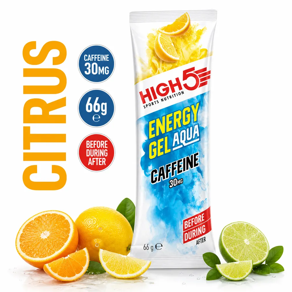 High5 Sports Nutrition Energy Gel Aqua Caffeine citrus flavour, 66g water-based gel sachet with 30mg caffeine