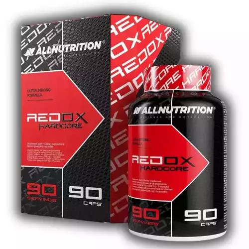 Allnutrition Redox Hardcore 90 caps fat burner supplement in black and red packaging, ultra-strong formula, 90 servings per container.