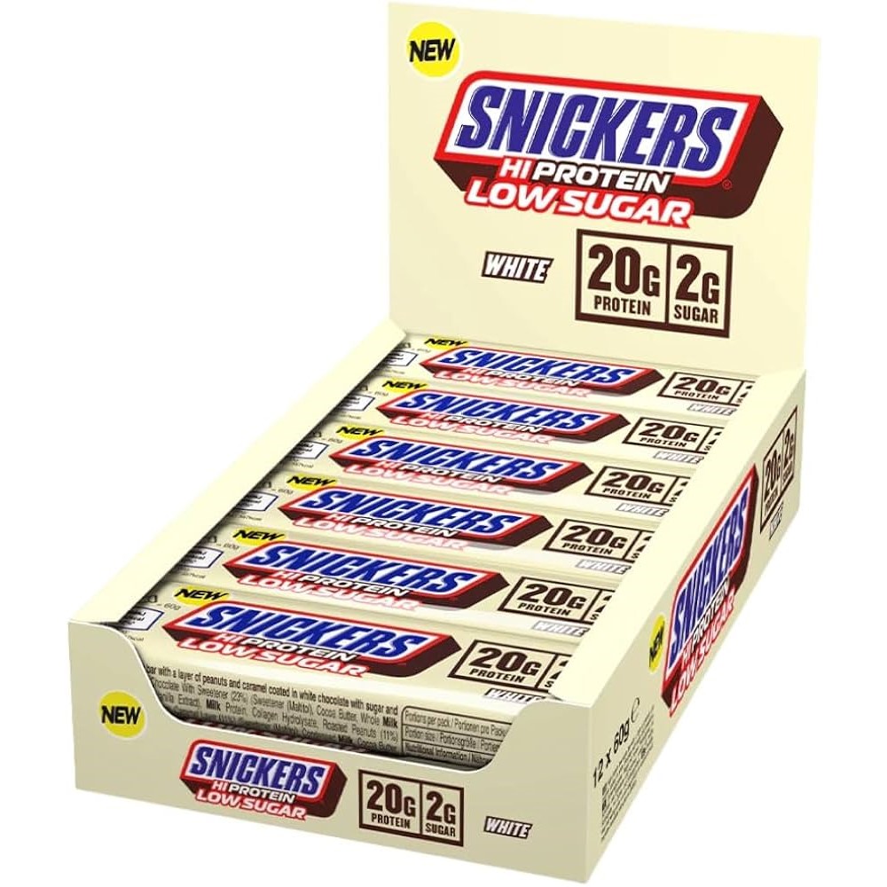 Snickers Hi Protein Low Sugar White Bar, a high-protein, low-sugar snack bar with 20g protein and 2g sugar per bar, white chocolate flavour, box of 12 bars.
