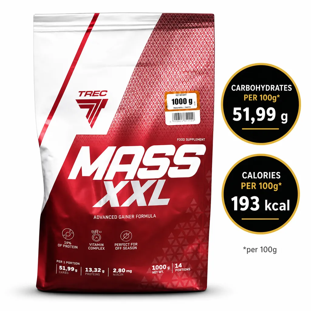 Trec Nutrition Mass XXL 1000g mass gainer supplement in a red and white pouch with advanced gainer formula and vitamin complex