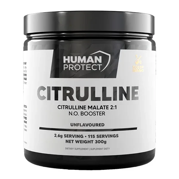 Human Protect Citrulline Malate 2:1 supplement, unflavoured powder in a 300 g black-and-white tub with 115 servings.