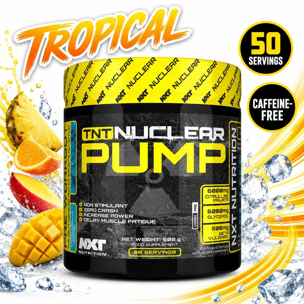 NXT Nutrition TNT Nuclear Pump non-stimulant pre-workout supplement, Tropical flavour, 500 g tub with 50 servings