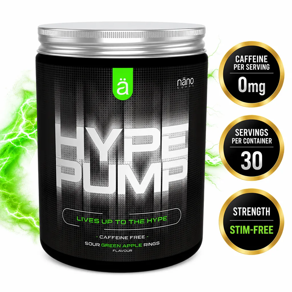 Nano Supps Hype Pump 420g stimulant-free pre-workout powder in Sour Green Apple Rings flavour