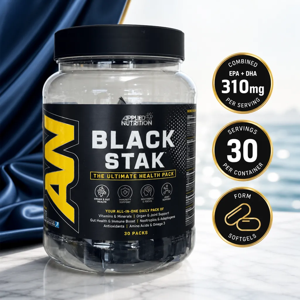 Applied Nutrition Black Stak 30 Packets all-in-one daily health pack with vitamins, minerals, omega-3 and 30 servings