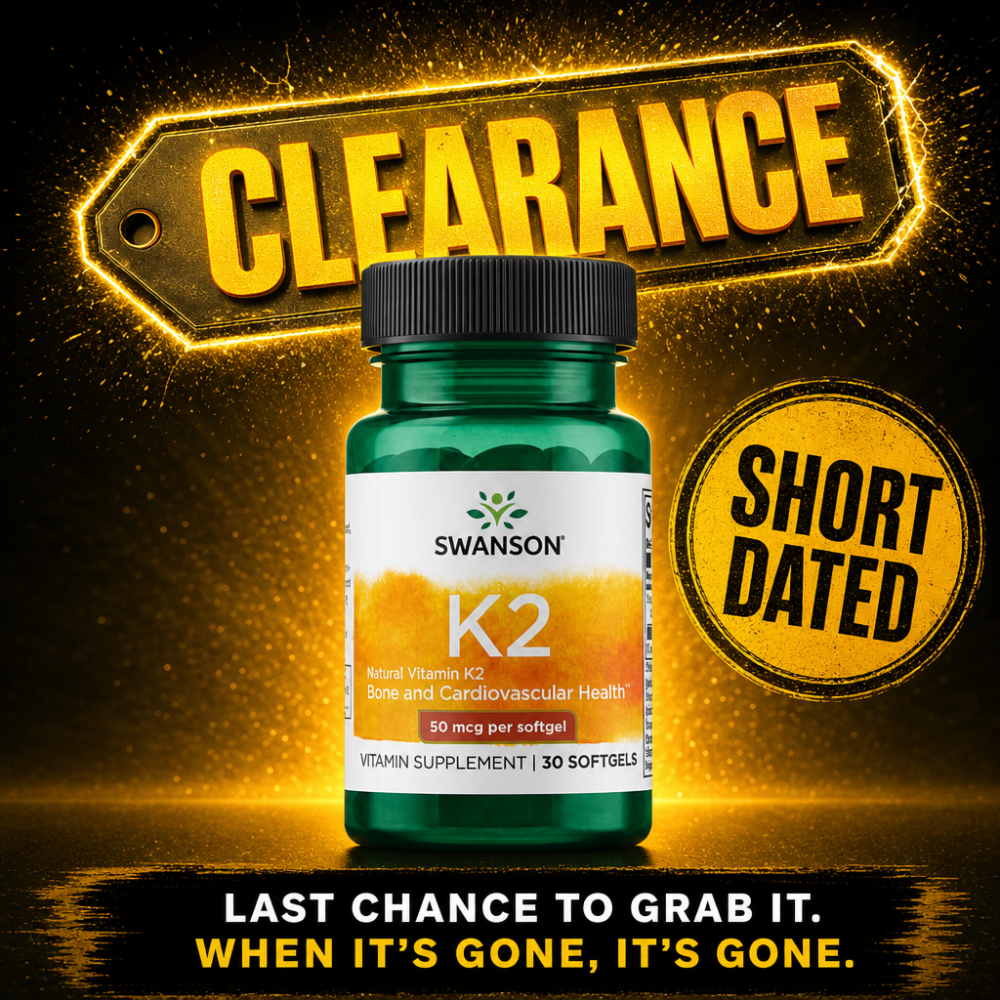 Swanson K2 Natural Vitamin K2 supplement, 30 softgels, for bone and cardiovascular health, green bottle with yellow and white label, short-dated clearance item.