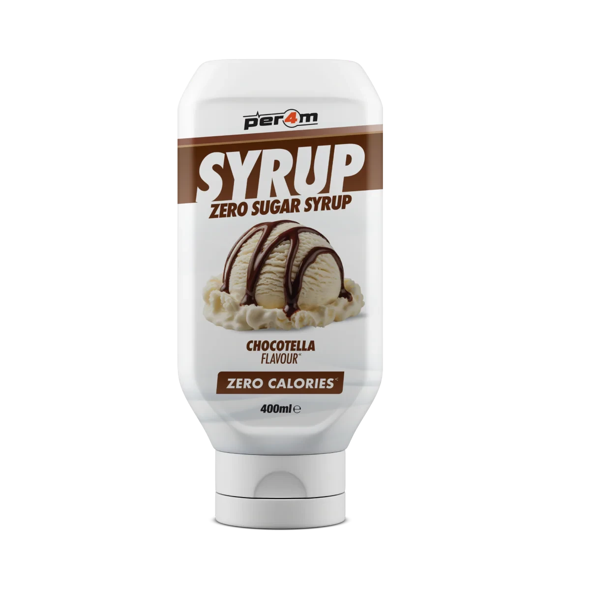 Per4m Zero Syrup Chocotella Flavour 400ml, a zero sugar, zero calorie syrup in a squeezable bottle, ideal for adding sweet chocolate-hazelnut taste to foods and drinks.