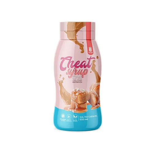 The Cheat Meal Cheat Syrup salted caramel, a 500 ml zero-calorie dessert syrup in a pink and turquoise bottle