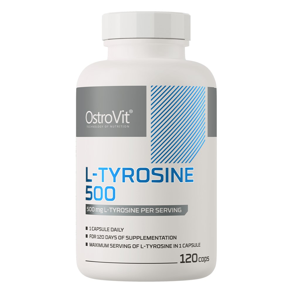 OstroVit L-Tyrosine 500 dietary supplement, 120 capsules, 500 mg L-tyrosine per serving, white bottle with blue and grey accents.