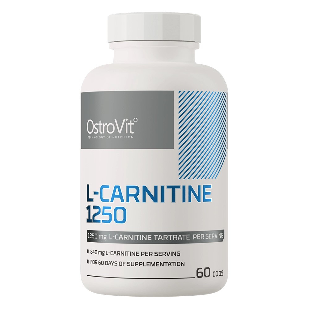 OstroVit L-Carnitine 1250 dietary supplement, 60 capsules, 1250 mg L-carnitine tartrate per serving, white bottle with blue and grey label.