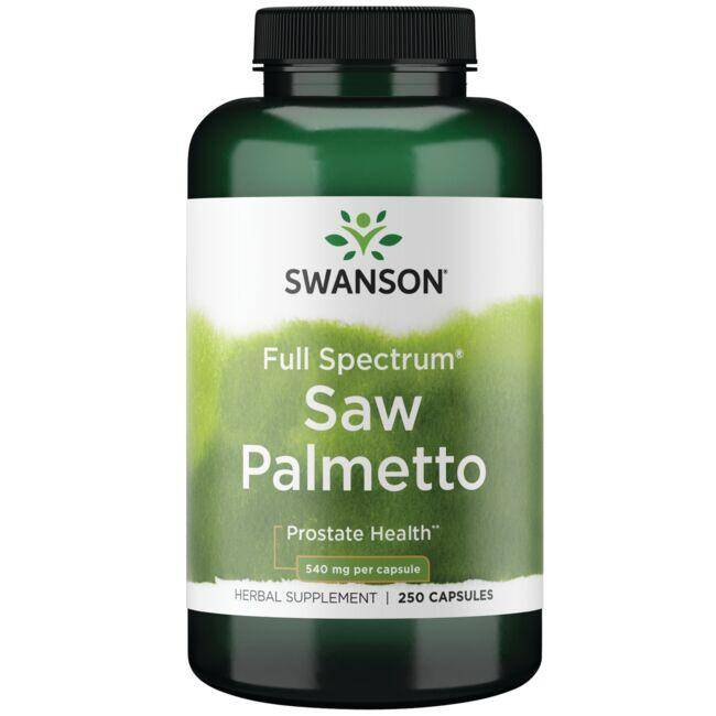Swanson Saw Palmetto 540mg per capsule herbal supplement for prostate health, 250 capsules in a green bottle.