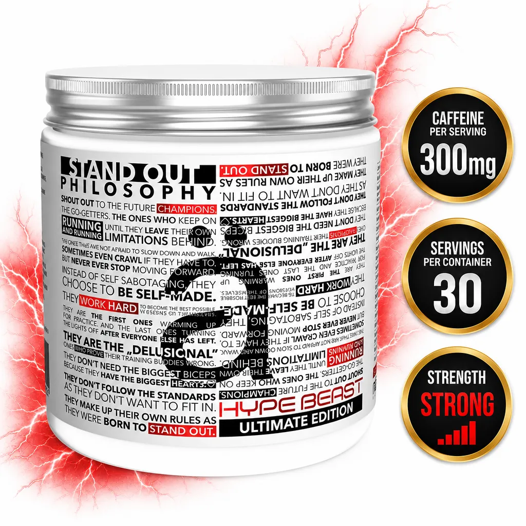 Nano Supps Hype Beast pre-workout supplement tub with 30 servings, creatine-free formula and strong caffeine content