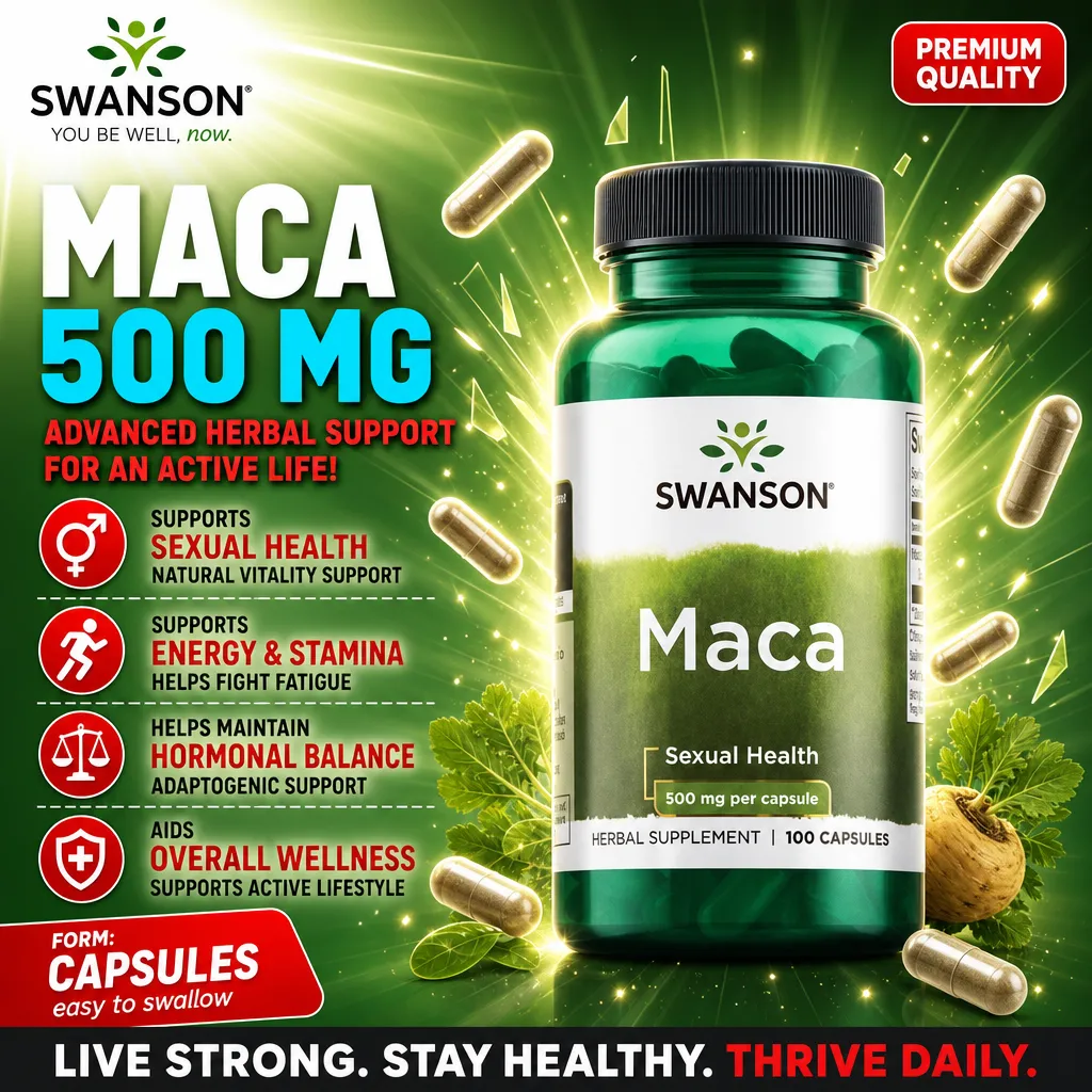 Swanson Maca 500mg per capsule herbal supplement for sexual health, energy, and hormonal balance, 100 capsules in a green bottle, premium quality.