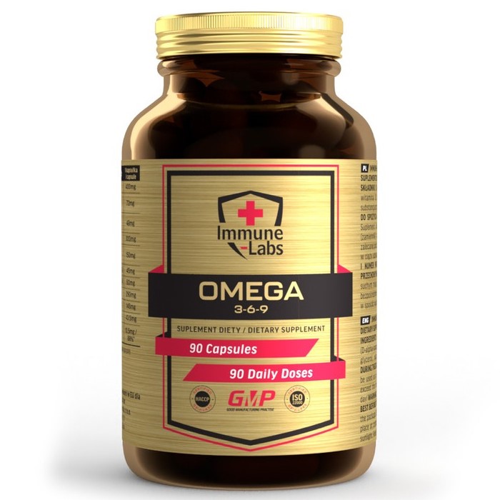 Immune Labs Omega 3-6-9 dietary supplement, 90 capsules, designed to provide essential fatty acids in a brown bottle with a gold label.